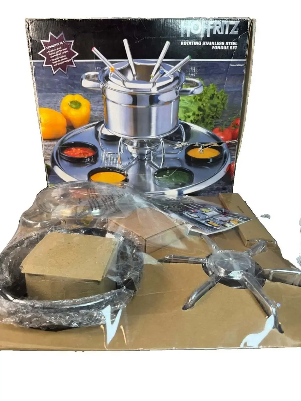 NIB Rotating Hoffritz Deluxe 18/10 Stainless Steel Fondue Set w/6 Forks  #402067